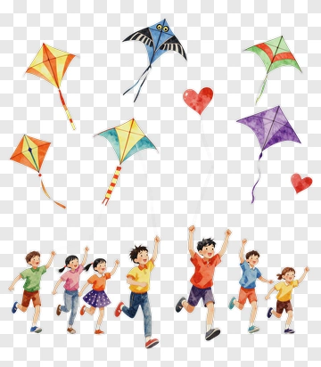 Children Flying Kites In A Colorful Scene PNG