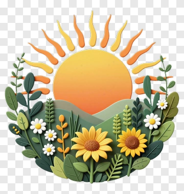 Colorful Sunflower And Sun Illustration PNG