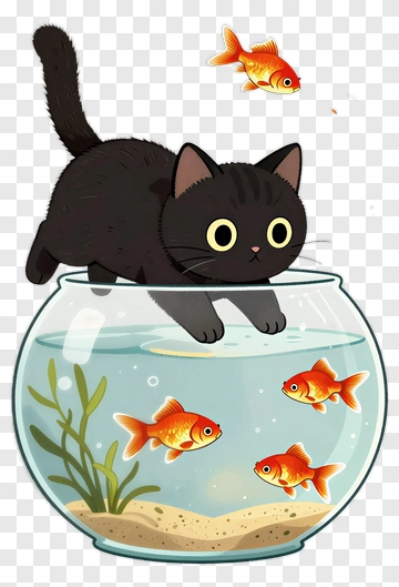Cartoon Cat Reaching For Goldfish In A Bowl PNG