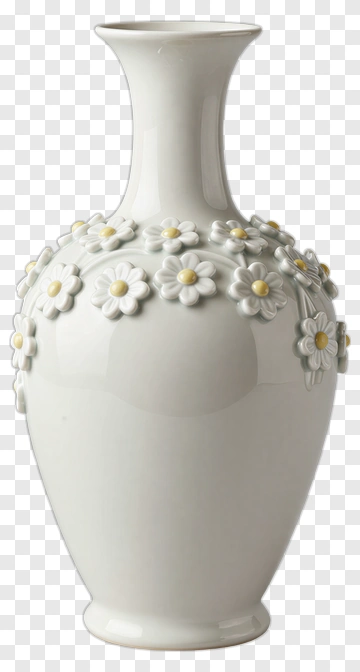 Decorative White Vase With Flower Accents PNG
