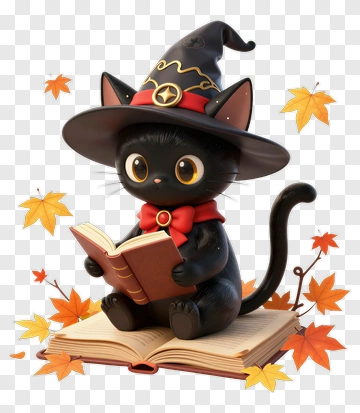 Cartoon Black Cat Reading A Book PNG