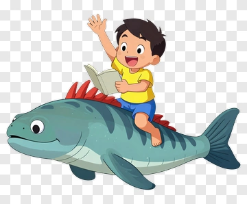 Cartoon Boy Riding A Fish While Reading A Book PNG
