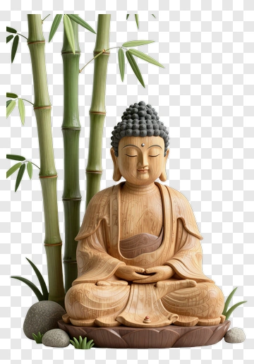 Wooden Buddha Statue Surrounded By Bamboo PNG