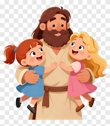 Cartoon Man Holding Two Happy Girls PNG