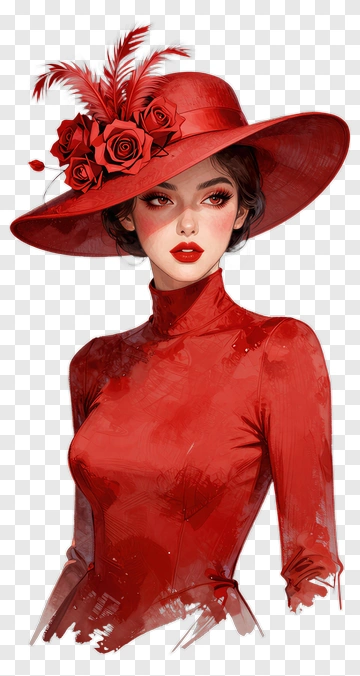 Stylish Woman In Red Hat With Roses PNG