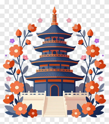 Colorful Pagoda Surrounded By Flowers PNG