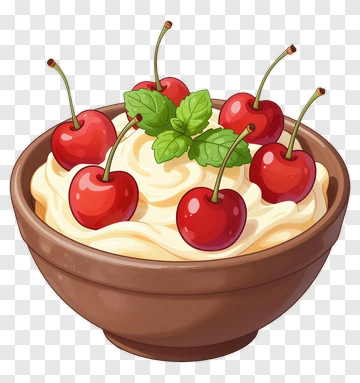 Bowl Of Cream With Cherries And Mint PNG