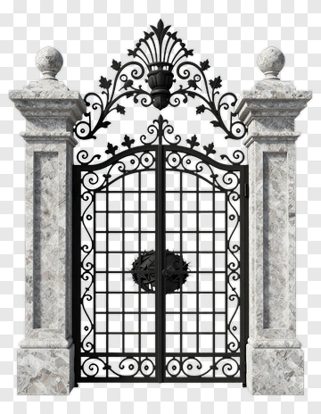 Ornate Metal Gate With Marble Pillars PNG