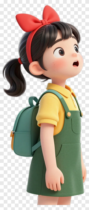 Cartoon Girl With Backpack Looking Up PNG