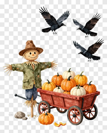 Scarecrow With Pumpkins And Crows PNG