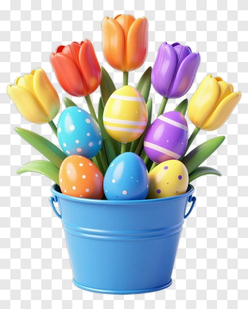 Colorful Easter Egg Basket With Tulips PNG