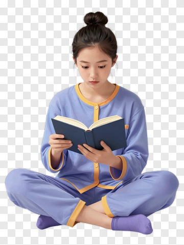 Girl Reading A Book In Pajamas PNG