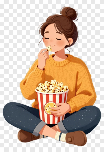 Girl Eating Popcorn While Sitting PNG
