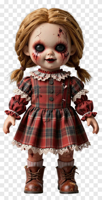 Creepy Doll With Braids In A Red Plaid Dress PNG