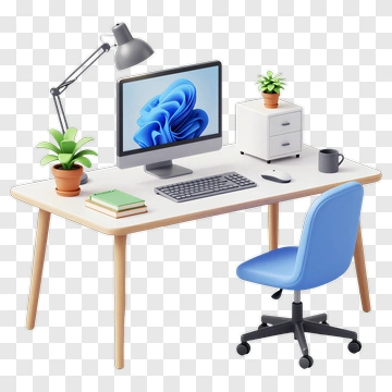 Modern Desk Setup With Computer And Plants PNG