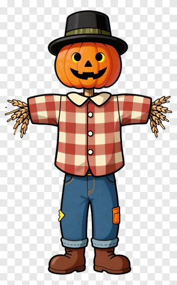 Cartoon Scarecrow With Pumpkin Head And Checkered Shirt PNG