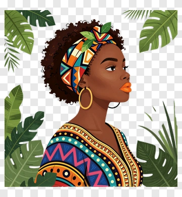 Woman In Colorful African Attire With Tropical Leaves PNG