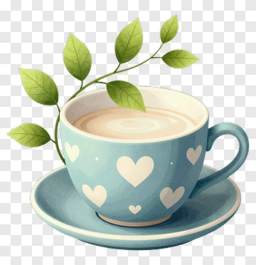 Blue Cup With Hearts And Green Leaves PNG