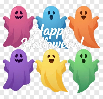 Colorful Cartoon Ghosts With Happy Halloween Text PNG