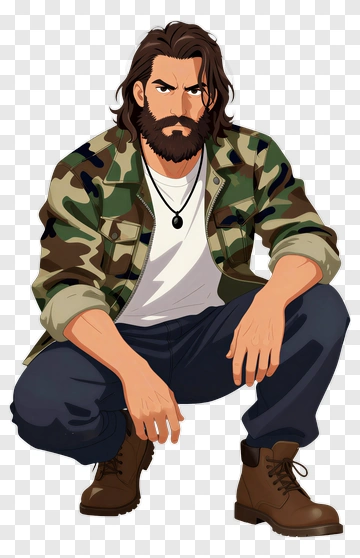 Cartoon Man Sitting In A Camouflage Jacket PNG