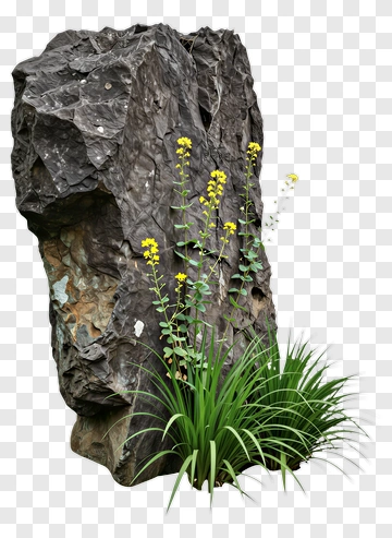 Rock With Wildflowers And Grass PNG