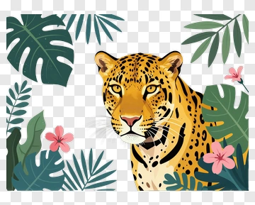 Leopard Surrounded By Tropical Leaves And Flowers PNG