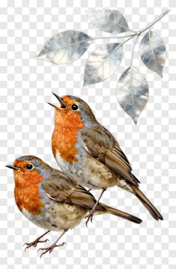 Pair Of Singing Robins With Leaves PNG
