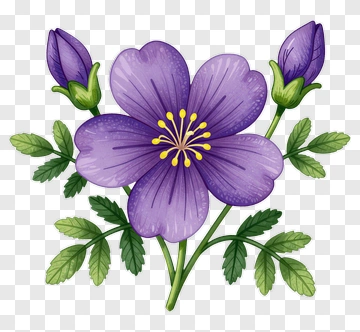 Purple Flower With Buds And Leaves PNG