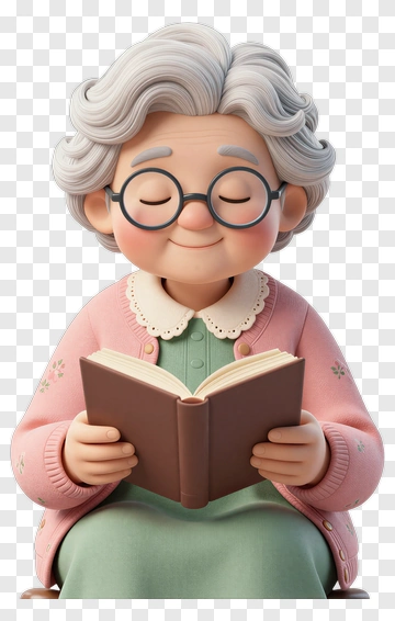 Cartoon Elderly Woman Reading A Book PNG