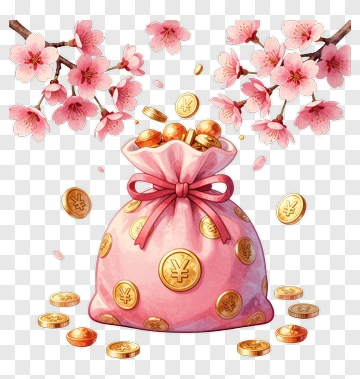 Pink Money Bag With Coins And Cherry Blossoms PNG