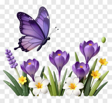 Butterfly And Colorful Flowers PNG