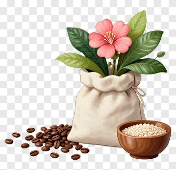 Flowering Plant In A Bag With Coffee Beans And Seeds PNG