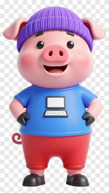 Cartoon Pig Wearing A Purple Beanie And Blue Shirt PNG