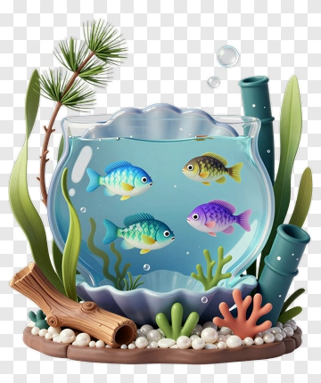 Colorful Fish Bowl With Tropical Fish And Aquatic Plants PNG