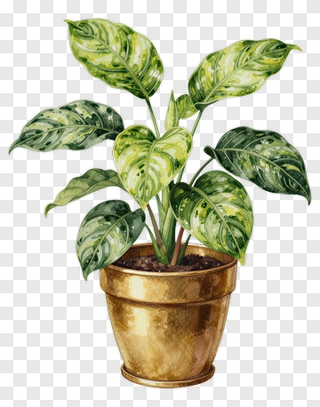 Potted Green Plant With Variegated Leaves PNG