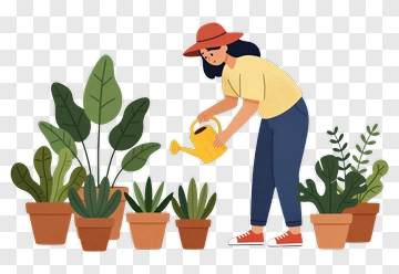 Woman Watering Plants In A Garden PNG