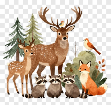 Forest Animals Including Deer, Raccoons, And Fox PNG