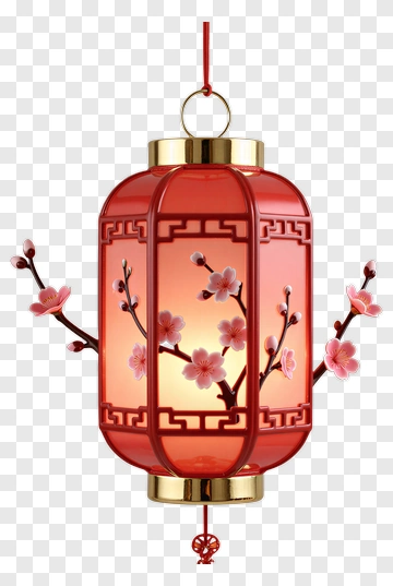 Red Lantern With Cherry Blossom Design PNG