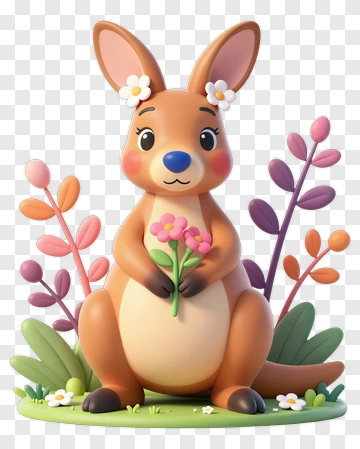 Cartoon Kangaroo Holding Flowers PNG