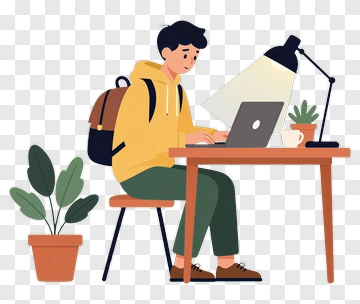 Student Working At A Desk With Laptop And Plants PNG