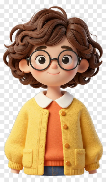 3D Cartoon Girl With Curly Hair Wearing A Yellow Cardigan PNG