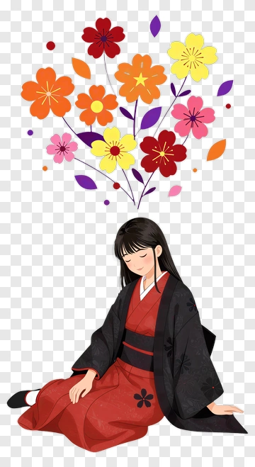 Girl In Kimono Surrounded By Colorful Flowers PNG