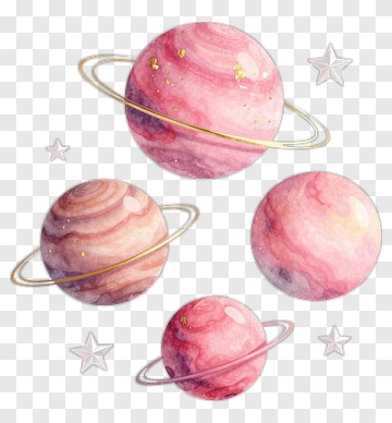 Watercolor Pink Planets With Rings And Stars PNG