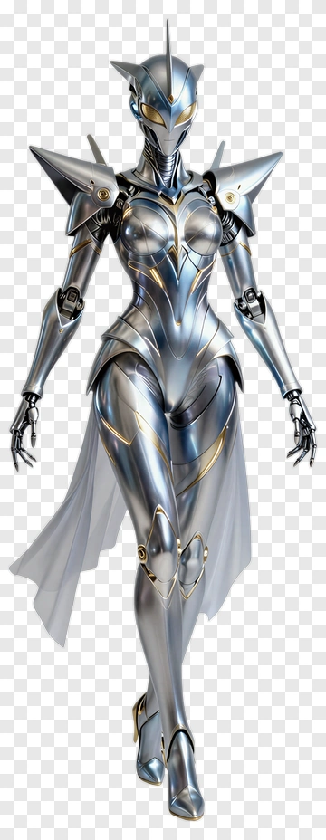 Futuristic Robot Woman In Silver Armor PNG