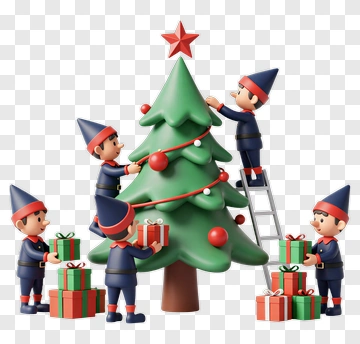 Christmas Elves Decorating A Tree PNG