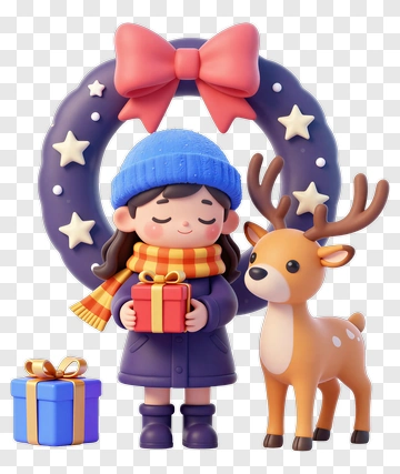 Cartoon Girl Holding A Gift With A Reindeer PNG