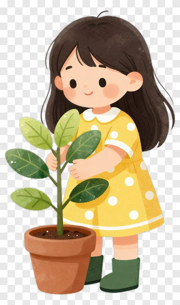 Girl In Yellow Dress Holding A Potted Plant PNG