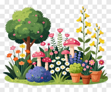 Colorful Flower Garden With Trees And Mushrooms PNG