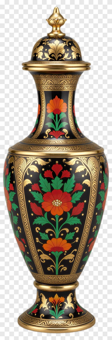 Decorative Floral Vase With Gold Accents PNG
