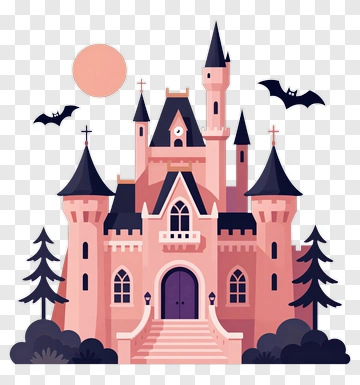Cartoon Halloween Castle With Bats PNG